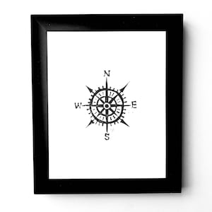 Compass linocut print nautical 8x10 letterpress wall art in black Linoleum block print Hand pulled relief linoprint Pirate wall art image 1