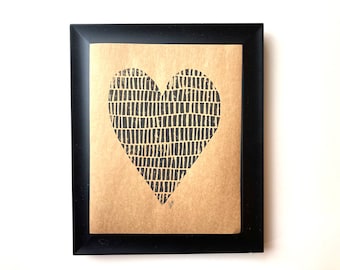 Minimal black heart print - Valentine relief print - Linocut poster - Mid Century wall art - Linoleum block print - Love wall art - kraft