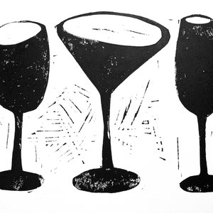 Party Poster - Bar Cart linosnede print - Hand getrokken moderne poster uit het midden van de eeuw - Linoleum blokprint - Wijn-, champagne- en martini-glazen