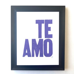 I love you Te amo LINOCUT purple 8x10 typography valentine poster print Valentines Day art Purple relief print Anniversary art image 1