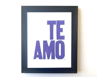 I love you - Te amo LINOCUT purple 8x10 typography valentine poster print - Valentines Day art - Purple relief print - Anniversary art