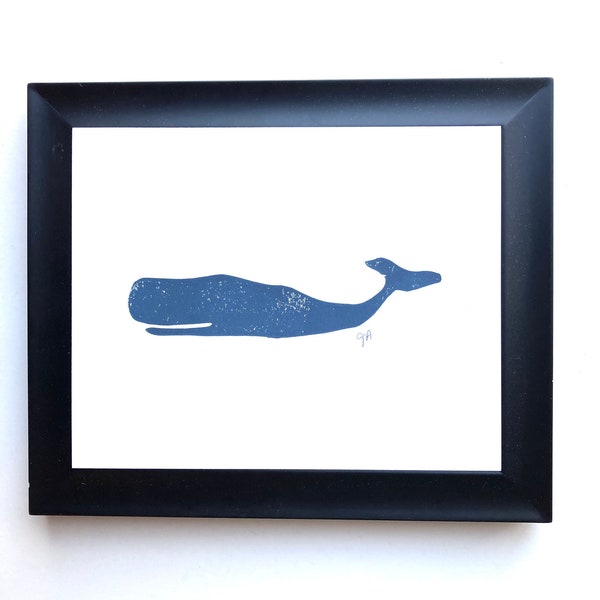 Minimal dark blue whale linocut print - Whale linocut wall art 8x10 - Linoleum block print in navy blue - Hand pressed relief print poster