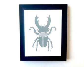 LINOCUT PRINT - Stag Beetle in slate gray 8x10 poster on cotton paper - Insect relief print - hand pulled poster