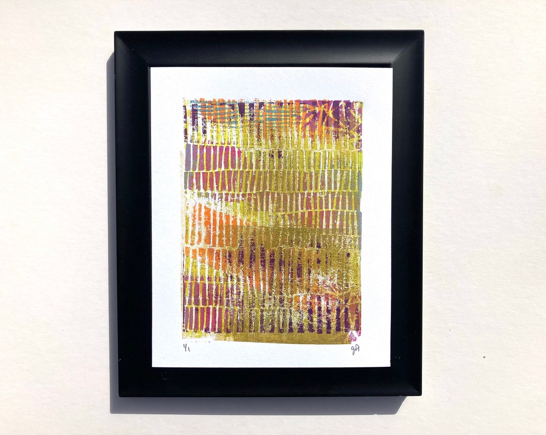 Monoprint - Abstract Multi-color Relief Print in Purple and Gold - 8x10 ...