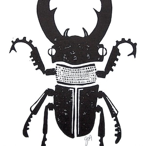 LINOCUT PRINT - Stag Beetle 8x10 linoleum block poster on letterpress paper - Insect wall art - Relief print - Beetle linoprint fine art