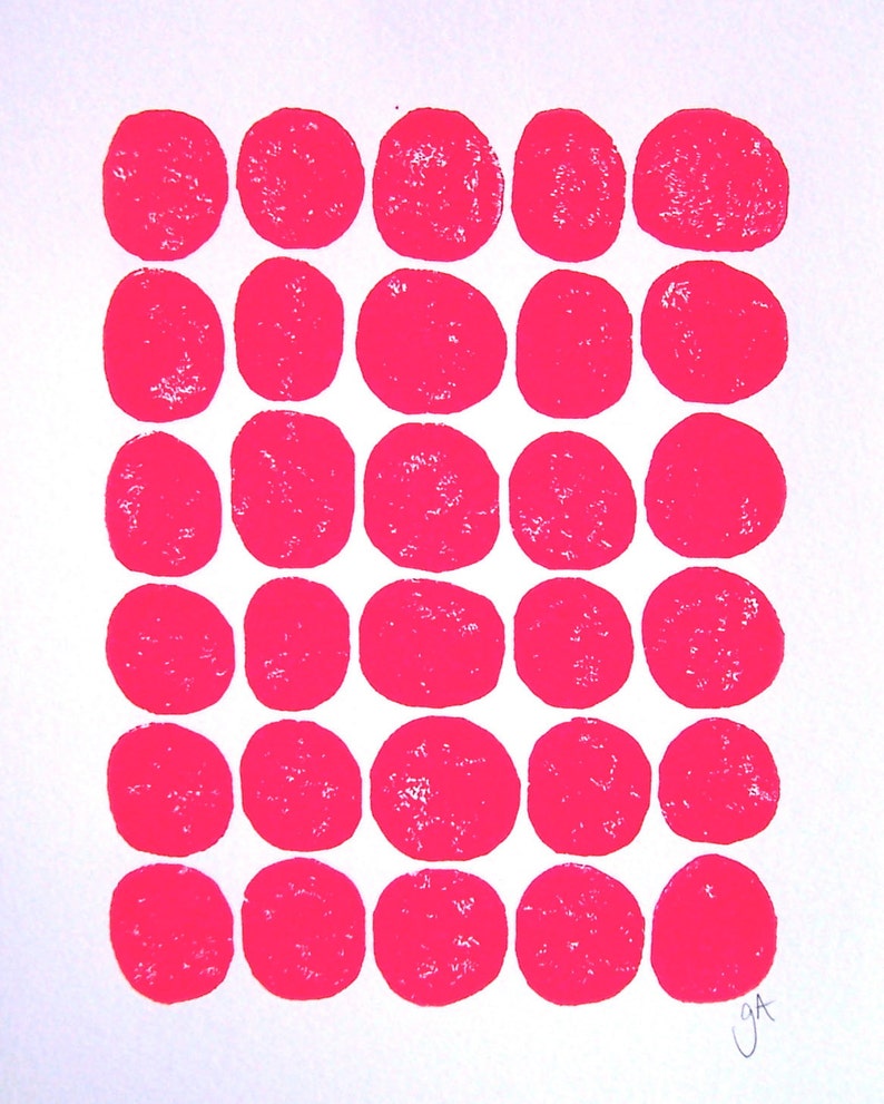 May include: A white background with a grid of 36 bright pink circles.