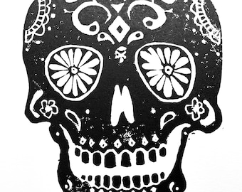 Day of the dead skull - 8x10 Mexican calavera linoleum block print - Linocut print - Calavera wall art Linocut print - Dia de los Muertos