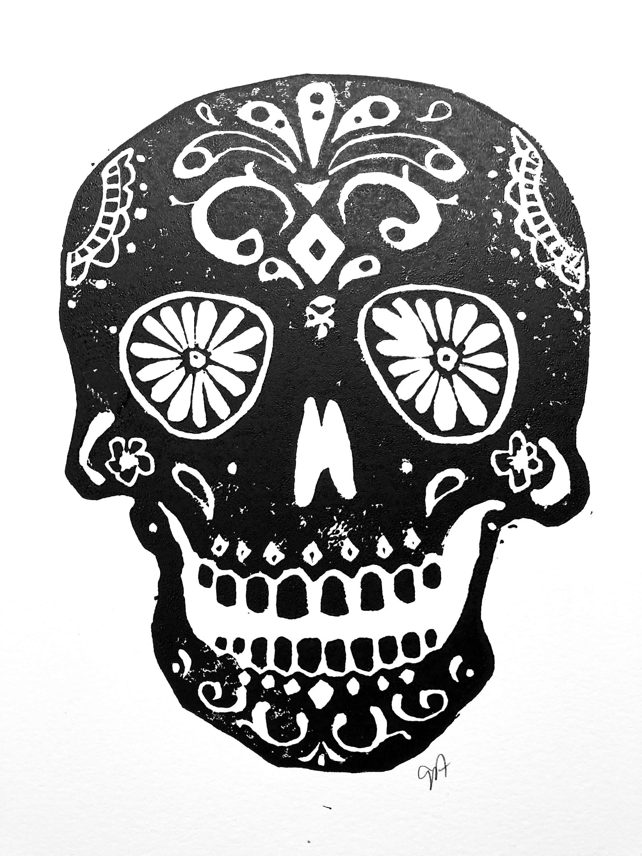 day of the dead skull - 8x10 mexican calavera linoleum block print