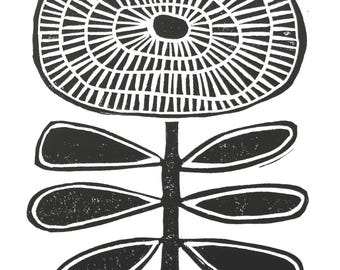 春の花 - ミニマルなミッドセンチュリー・スカンジナビア風フォークアートの花柄プリント - 8x10インチのリノカット版画 - リノリウムブロックの壁掛けアート リノプリント