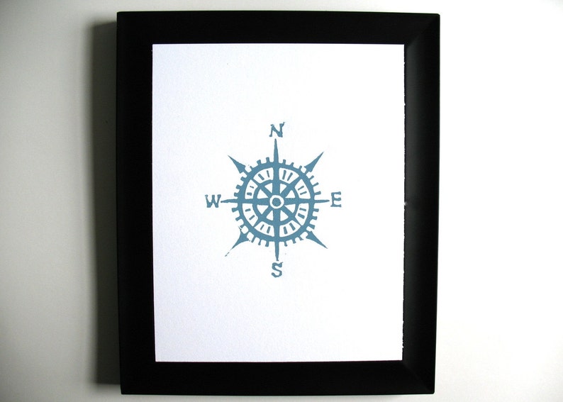 Nautical compass linocut print 8x10 hand pulled minimal maritime poster in blue-grey Map key linoleum block print Minimal wall art image 4