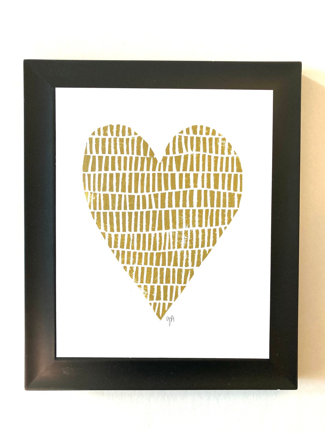 Gold Linocut Heart Print Metallic Gold Valentine Relief Print 8x10