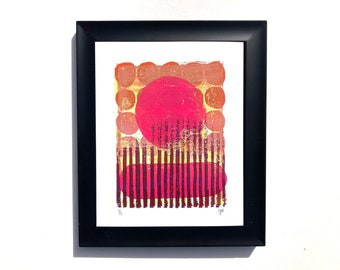 Monoprint - Abstract multi-color relief print - Hot pink, purple, beige, yellow - linocut wall art - Linoleum block modern landscape - sun