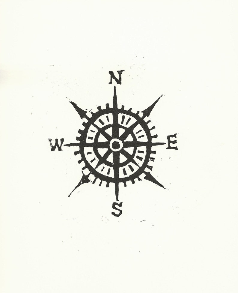 Compass linocut print nautical 8x10 letterpress wall art in black Linoleum block print Hand pulled relief linoprint Pirate wall art image 3