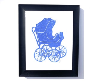 Sweet cobalt blue baby carriage - Baby stroller linocut print - Hand pulled relief print 8x10 - Nursery wall art poster - Minimal stroller