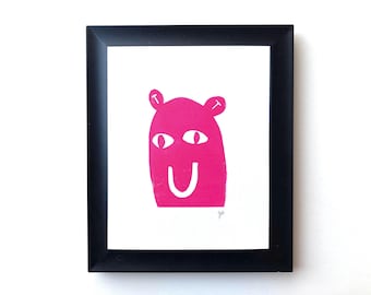 Pinker glücklicher kleiner Monster Linoldruck - 20x30 Linoldruck - Pinke Wandkunst - Happiness and mindfulnes on your wall