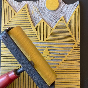 Sunrise / Sunset on the ocean - Minimal gold and navy blue 8x10 geometric linocut landscape print - Linoleum block relief print wall art image 9