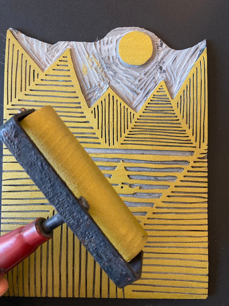 Sunrise / Sunset on the ocean - Minimal gold and navy blue 8x10 geometric linocut landscape print - Linoleum block relief print wall art image 9