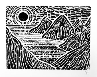 Ocean sunset on tropical islands - Linocut relief print - Beach shoreline - 8x10 Linoleum block landscape in black - Relief print wall art