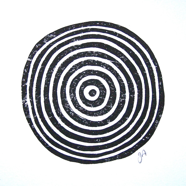 Minimal abstract geometric circle print - Black 8x10 linoleum block print - Tree ring inspired - Linocut relief print - Minimal gallery wall