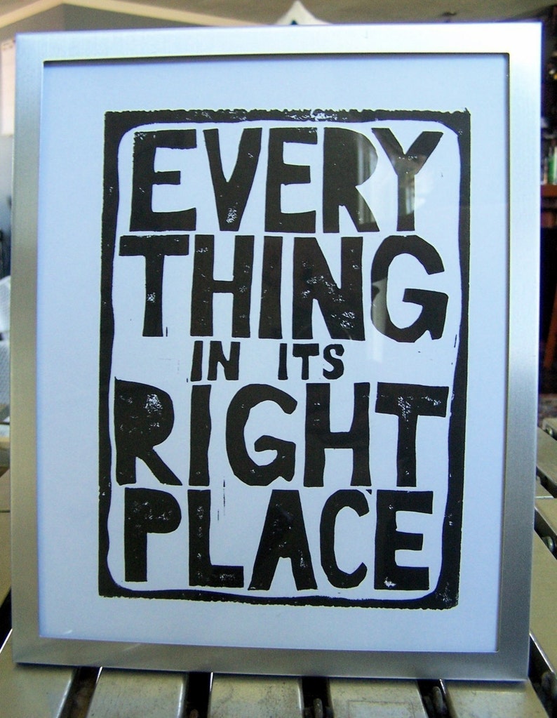 Everything in its right place Black Radiohead linocut relief print 8x10 Linoleum block poster Hand pulled wall art Music studio print image 3