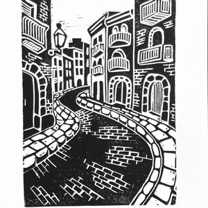 Calles europeas - Calles adoquinadas - Impresión en linóleo - Impresión linográfica de viaje - Impresión en linóleo - Arte mural original de viaje por Europa 8x10