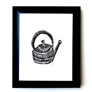 Tea time - Tea kettle for the cold days - Geometric linocut print of a tea pot in black - Linoleum block print - Relief print 8x10