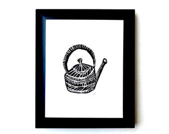 Tea time - Tea kettle for the cold days - Geometric linocut print of a tea pot in black - Linoleum block print - Relief print 8x10