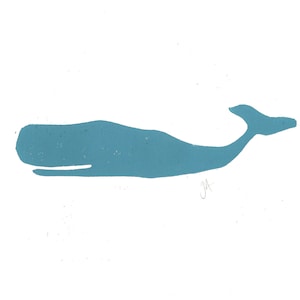 Minimal blue whale - blue grey linocut print poster 8x10 - Marine animal wall art - Nautical art - Linoleum block print - Ocean wall art