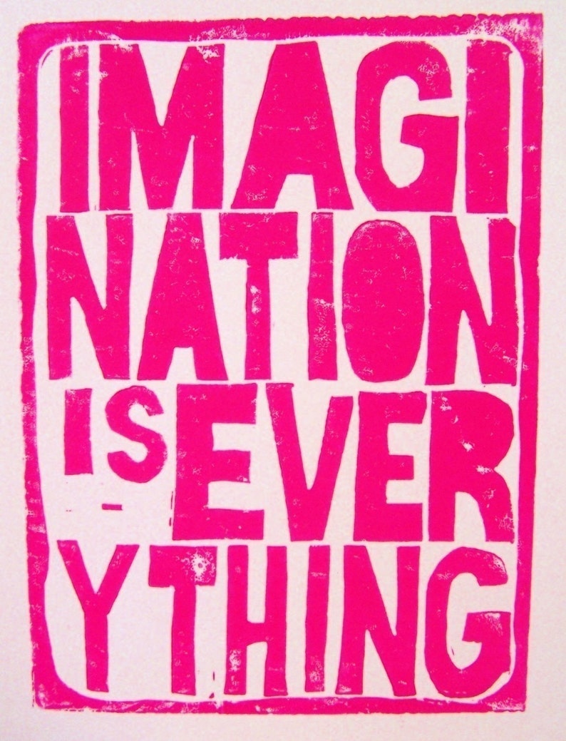 Imagination is Everything Inspirational wall art print LETTERPRESS hot pink linocut poster 8x10 Motivational hand pulled print image 1