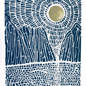 Moonrise on the ocean and mountains Blue linocut print Gold sun, gold moon Hand pulled relief linocut print National park poster image 7