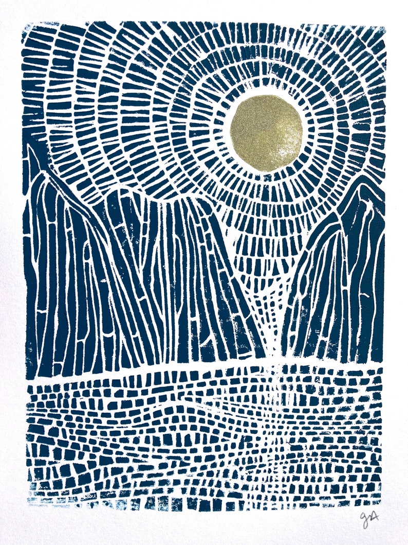 Moonrise on the ocean and mountains Blue linocut print Gold sun, gold moon Hand pulled relief linocut print National park poster image 7