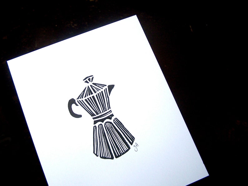 Espresso Maker Moka pot Express linocut block print in black and white 8x10 minimal Italian kitchen poster Bialetti pot linoleum art image 4