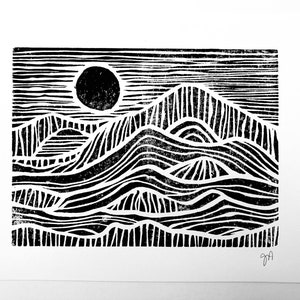 Linoleum block print Sunrise on the mountains Minimal black 8x10 geometric Scandinavian linocut print sunset on the mountains and sea image 2