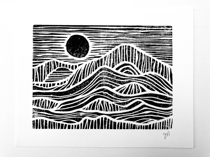 Linoleum block print Sunrise on the mountains Minimal black 8x10 geometric Scandinavian linocut print sunset on the mountains and sea image 2