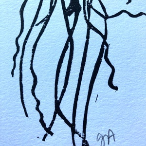 May include: Abstract black ink drawing on white paper. The artwork features a series of interconnected lines and shapes, creating a dynamic and intricate composition. The artist's initials, "ga", are visible in the lower right corner.