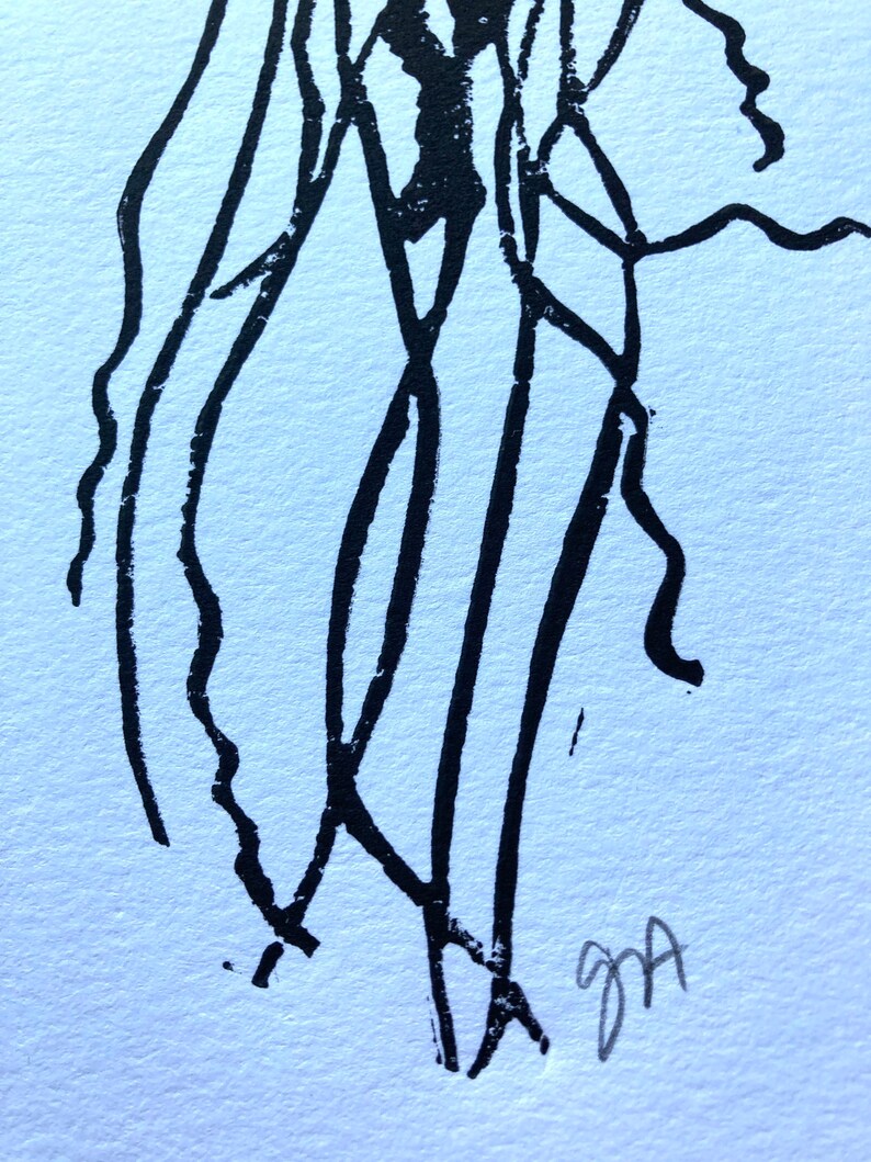 May include: Abstract black ink drawing on white paper. The artwork features a series of interconnected lines and shapes, creating a dynamic and intricate composition. The artist's initials, "ga", are visible in the lower right corner.