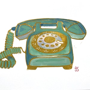 Dipinto acrilico originale - Arte del telefono rotativo d'epoca - Telefono vecchio stile in oro metallizzato, turchese e verde acqua 8x10 linoleografia tecnica mista