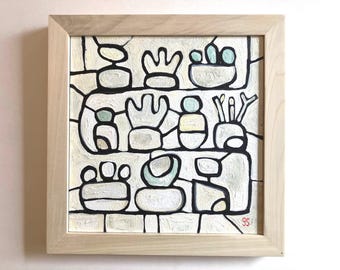 Minimal stilleben akrylmålning - Specialinramad och redo att hängas - Abstrakt vägg med suckulenter och kaktusar - Väggkonst med växter - ca 12x12
