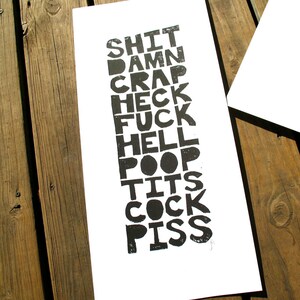 Linocut print - All the bad words - Black cuss word poster 20x10 Linocut relief print - Big hand carved linoleum block print poster - Lino Bild 5