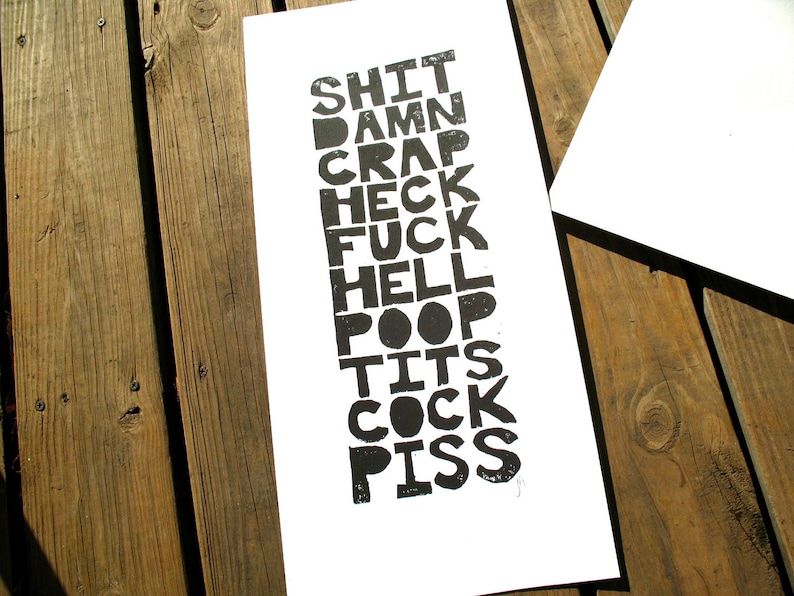 Linocut print - All the bad words - Black cuss word poster 20x10 Linocut relief print - Big hand carved linoleum block print poster - Lino Bild 5
