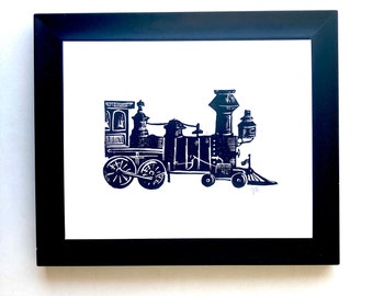 Steam powered train block print - Minimal black and white poster 8x10 - Childrens room linocut wall art - Steam engine linoprint - Toy art