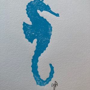 Minimal sky blue Seahorse Linoleum block print 8x10 Minimal gallery wall Marine animal wall art Minimalistic seahorse linocut print image 7