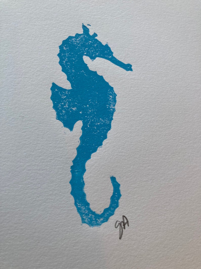 Minimal sky blue Seahorse Linoleum block print 8x10 Minimal gallery wall Marine animal wall art Minimalistic seahorse linocut print image 7