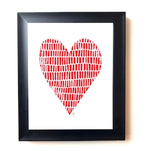 Red heart linocut print Minimal wall art 8x10 letterpress block print Hand pulled relief poster Valentines Day linoprint wall art image 1