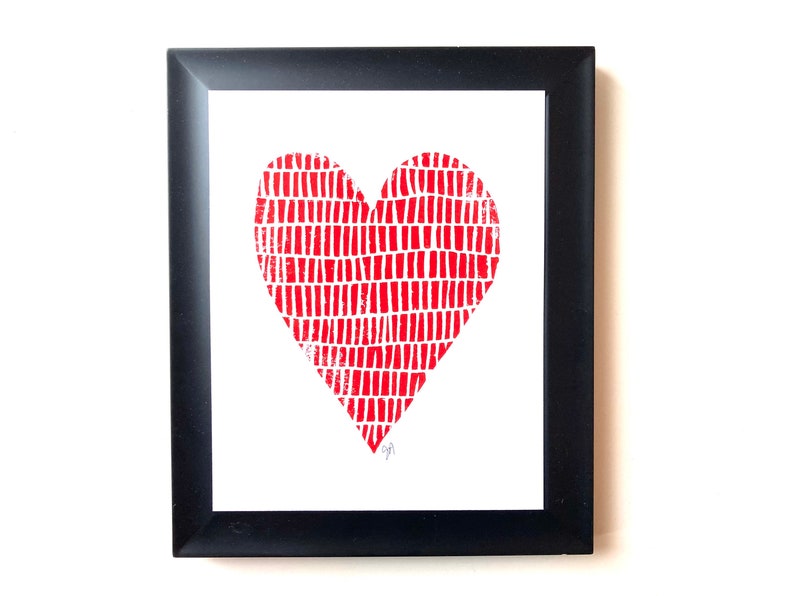 Red heart linocut print Minimal wall art 8x10 letterpress block print Hand pulled relief poster Valentines Day linoprint wall art image 1