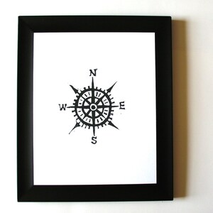 Compass linocut print nautical 8x10 letterpress wall art in black Linoleum block print Hand pulled relief linoprint Pirate wall art image 5