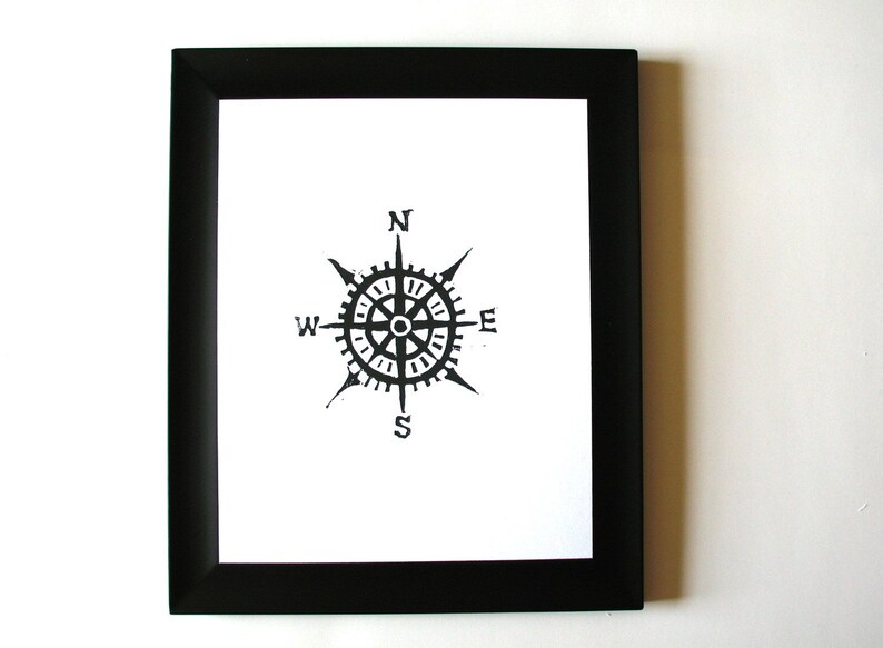 Compass linocut print nautical 8x10 letterpress wall art in black Linoleum block print Hand pulled relief linoprint Pirate wall art image 5