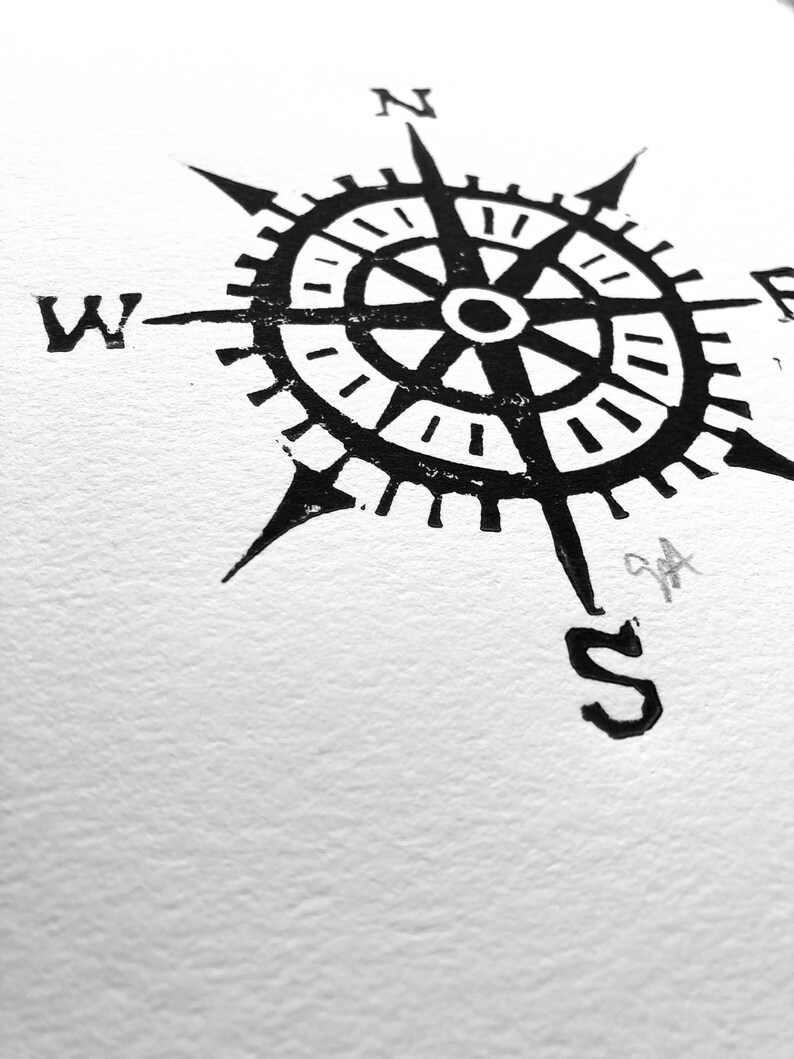 Compass linocut print nautical 8x10 letterpress wall art in black Linoleum block print Hand pulled relief linoprint Pirate wall art image 9