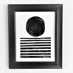 Abstract Sunrise and Sunset - Minimal black 8x10 geometric sunset - Scandinavian linocut print of the ocean - Minimalistic block print