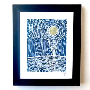 Moonrise on the ocean and mountains - Blue linocut print - Gold sun, gold moon - Hand pulled relief linocut print - National park poster